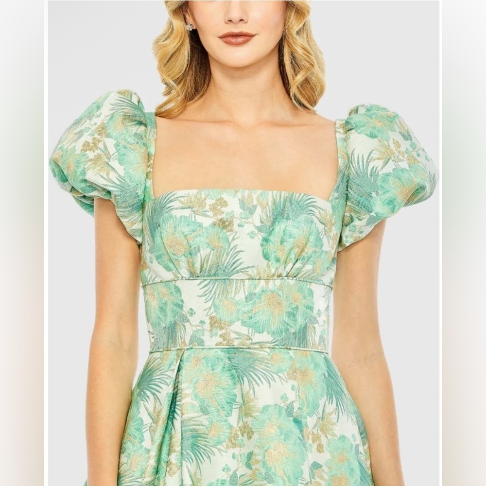 NWT MAC DUGGAL # 68276 Floral Print Puff Sleeve High Low Brocade Gown Size 14 - Picture 2 of 10